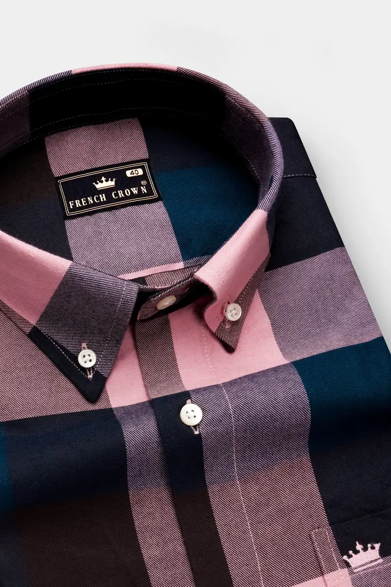 Twilight-Rose Fog Pink And Daintree Blue Plaid Flannel Cotton Casual Shirt 1