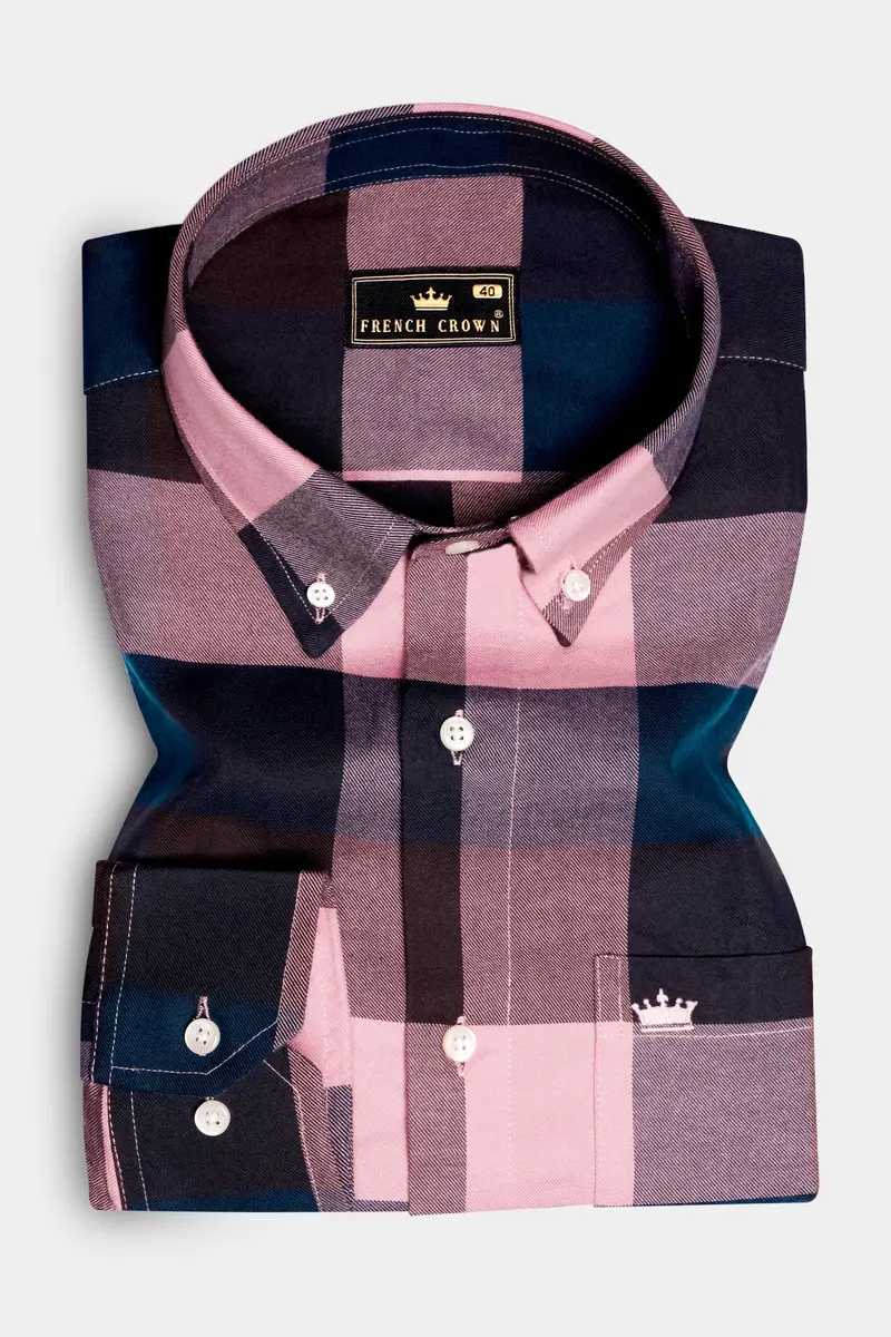 Twilight-Rose Fog Pink And Daintree Blue Plaid Flannel Cotton Casual Shirt 3