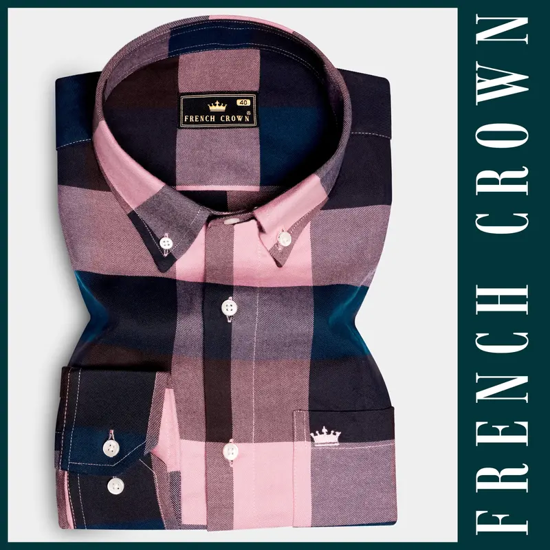 Twilight-Rose Fog Pink And Daintree Blue Plaid Flannel Cotton Casual Shirt 5
