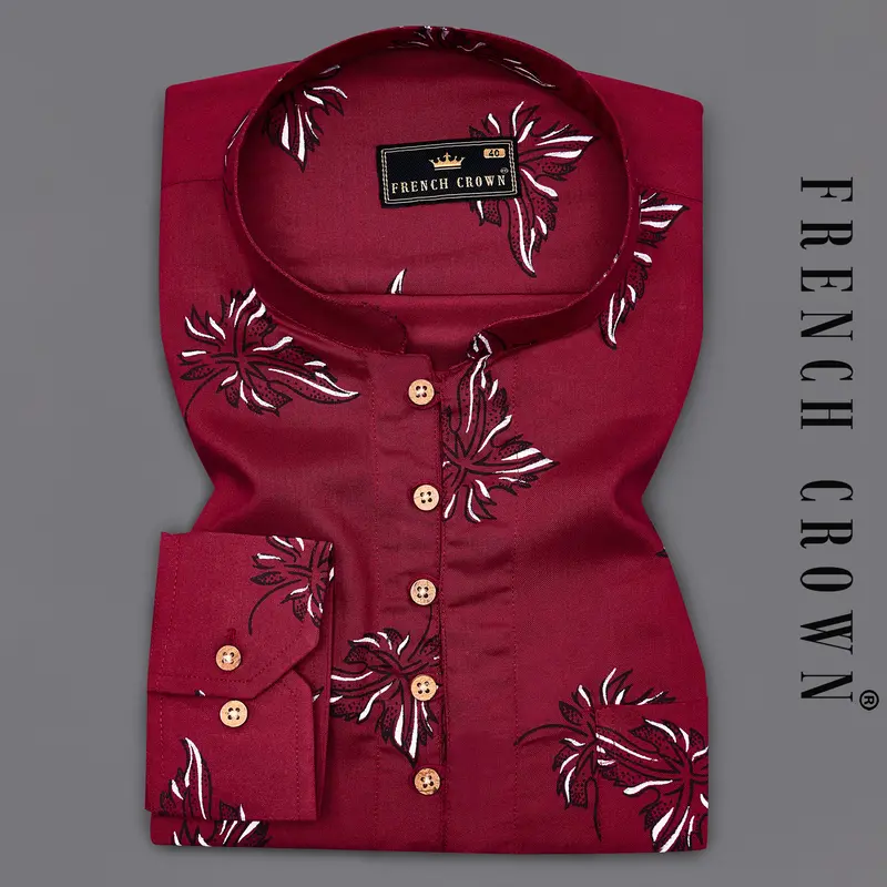 Tyrian Maroon Floral Printed Premium Tencel Kurta Shirt 1