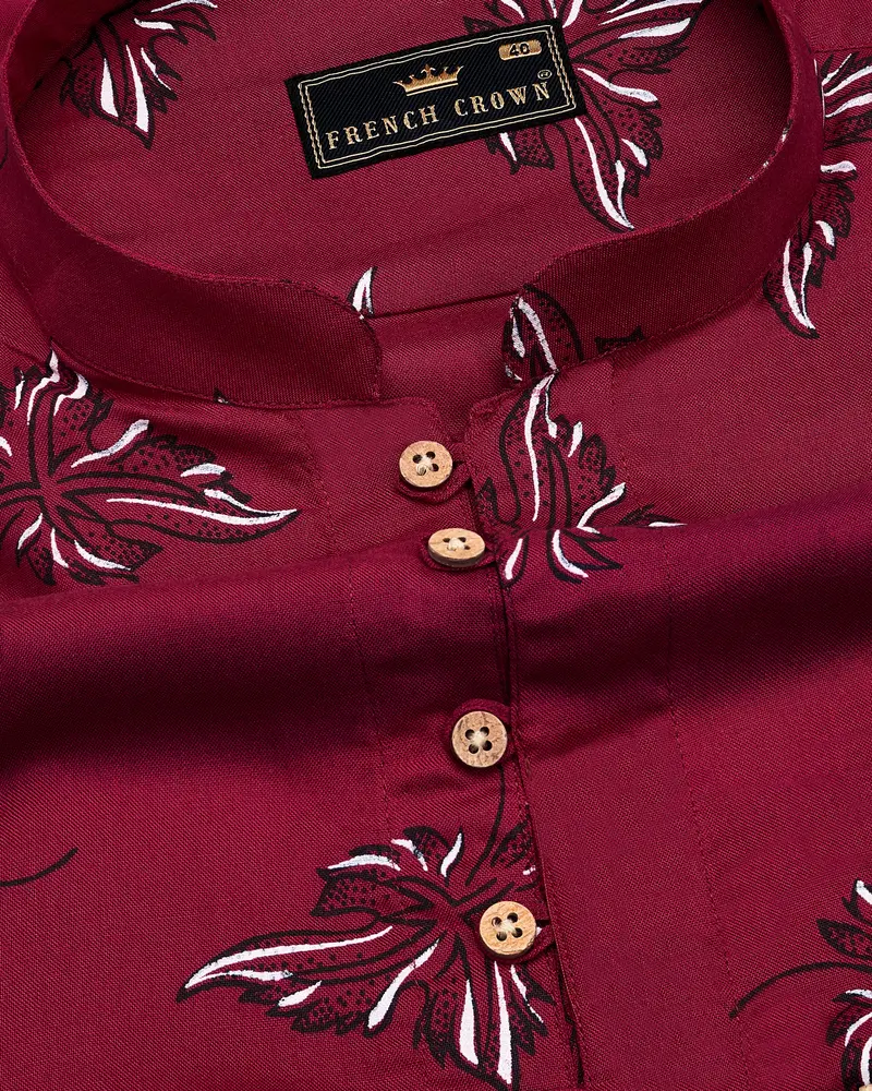 Tyrian Maroon Floral Printed Premium Tencel Kurta Shirt 4
