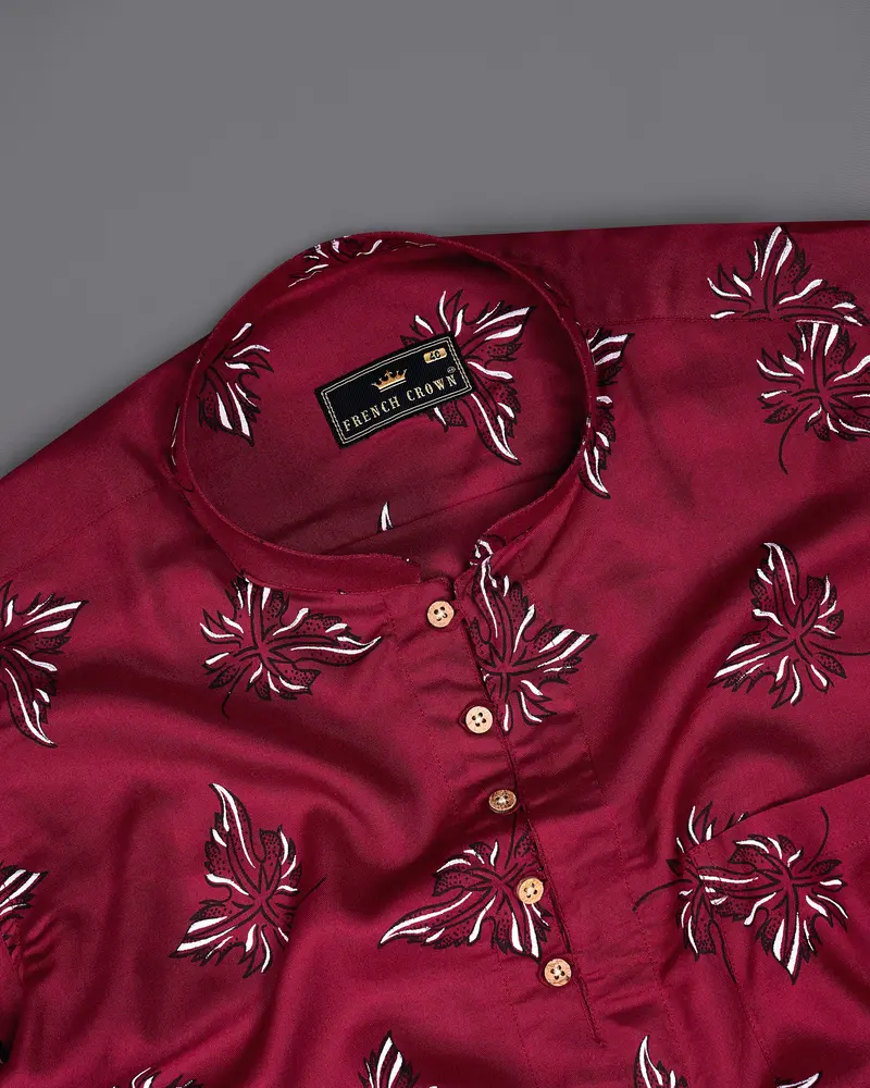 Tyrian Maroon Floral Printed Premium Tencel Kurta Shirt 5