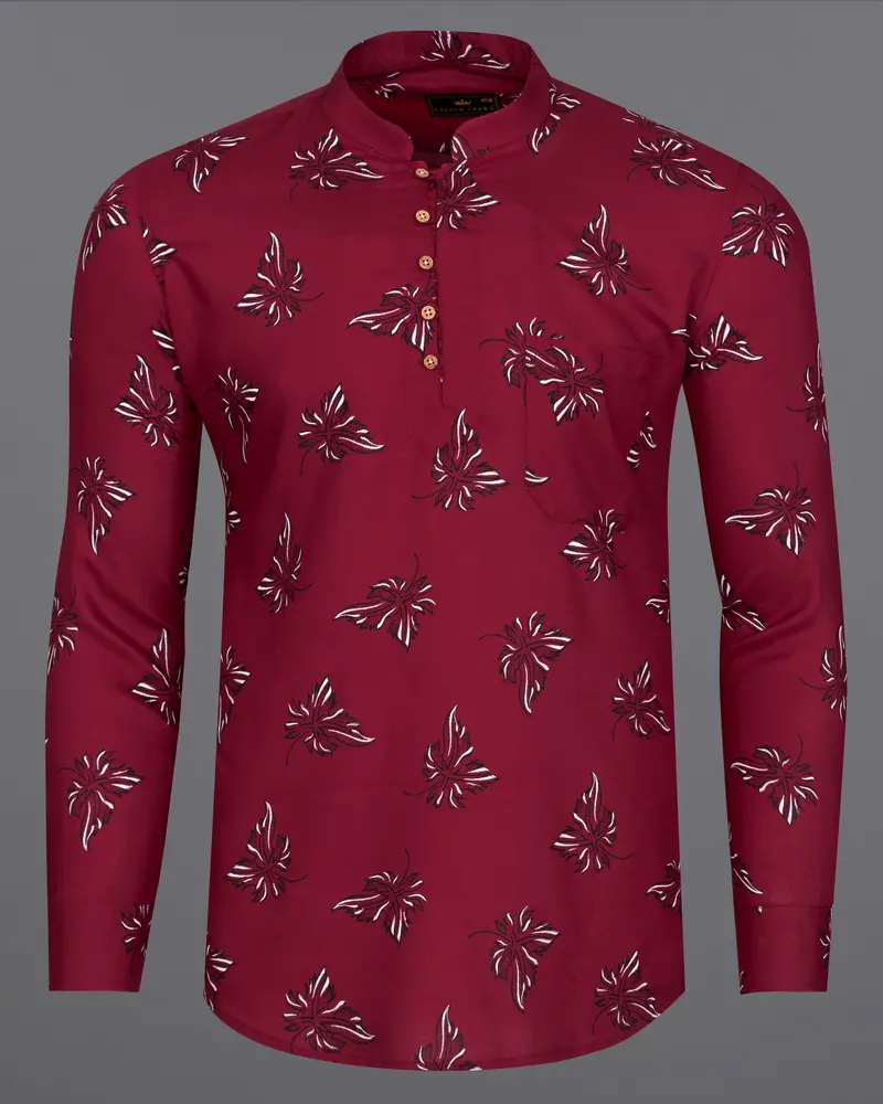 Tyrian Maroon Floral Printed Premium Tencel Kurta Shirt 6
