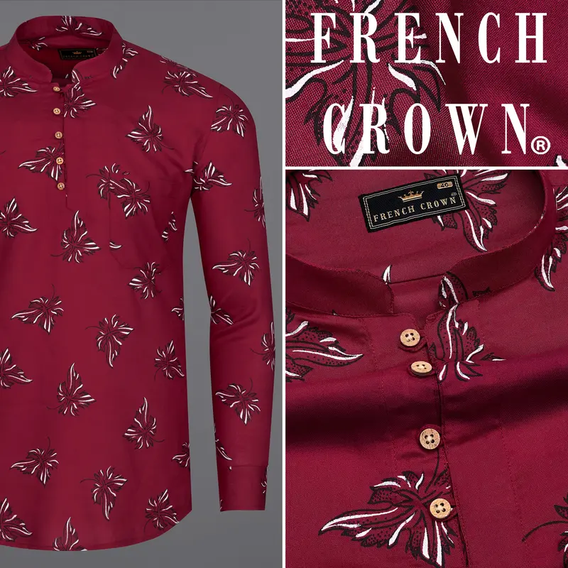 Tyrian Maroon Floral Printed Premium Tencel Kurta Shirt 9