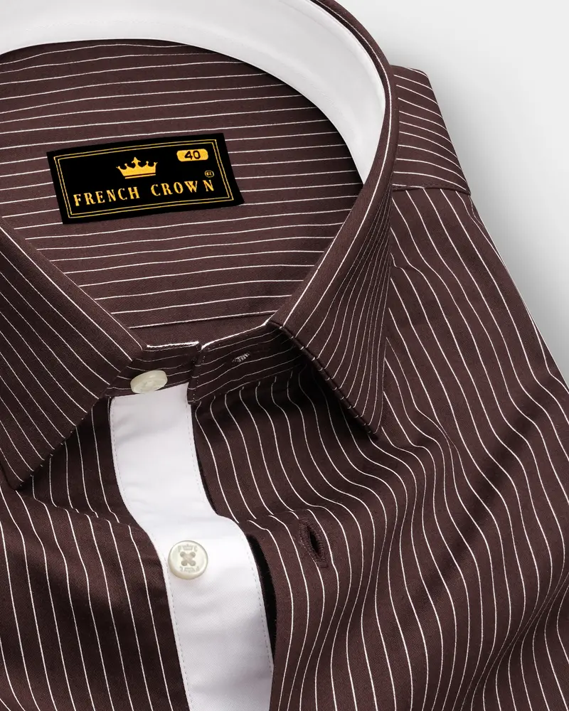 Umber-Bistre Brown And Bright White Pin Striped Subtle Sheen Soft Premium Cotton Dress Shirt 1