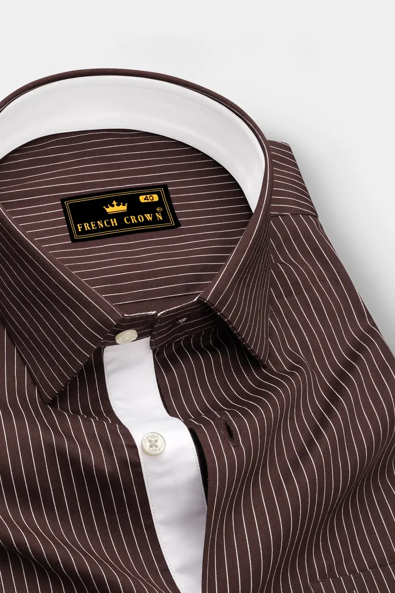 Umber-Bistre Brown And Bright White Pin Striped Subtle Sheen Soft Premium Cotton Dress Shirt 2