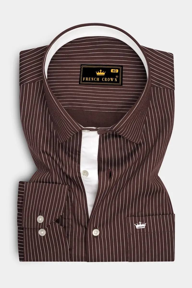 Umber-Bistre Brown And Bright White Pin Striped Subtle Sheen Soft Premium Cotton Dress Shirt 4