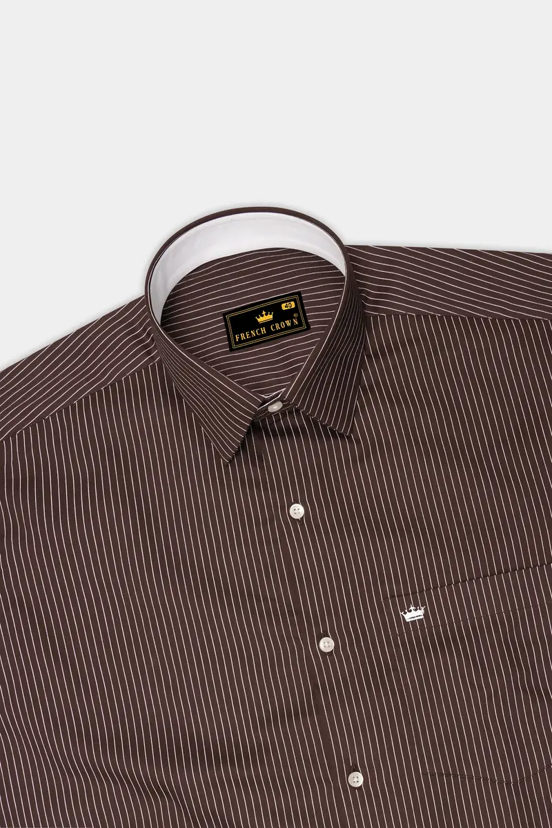 Umber-Bistre Brown And Bright White Pin Striped Subtle Sheen Soft Premium Cotton Dress Shirt 5