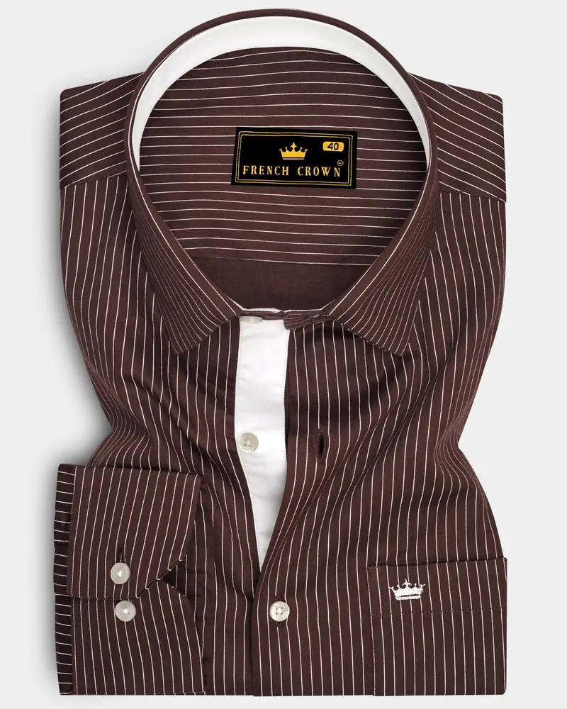 Umber-Bistre Brown And Bright White Pin Striped Subtle Sheen Soft Premium Cotton Dress Shirt 6