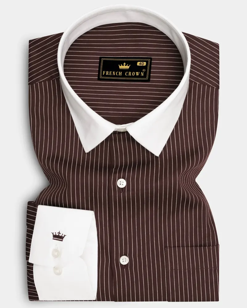 Umber-Bistre Brown And Bright White Pin Striped Subtle Sheen Super Soft Premium Cotton Dress White Cuff Collar Shirt 1