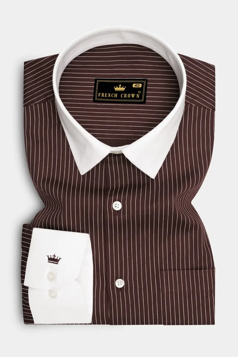 Umber-Bistre Brown And Bright White Pin Striped Subtle Sheen Super Soft Premium Cotton Dress White Cuff Collar Shirt 2
