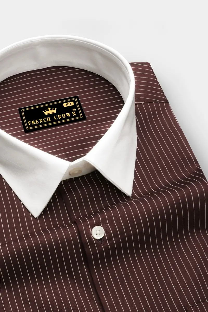 Umber-Bistre Brown And Bright White Pin Striped Subtle Sheen Super Soft Premium Cotton Dress White Cuff Collar Shirt 4