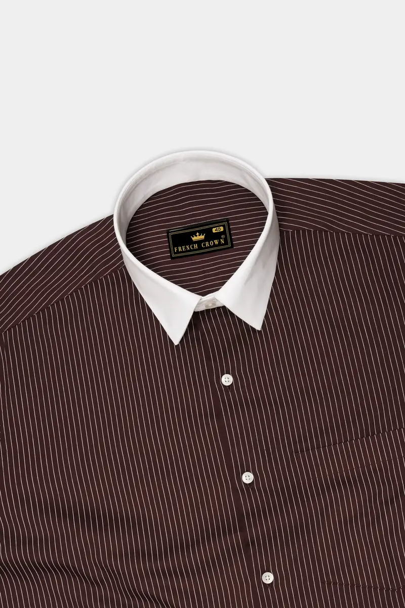 Umber-Bistre Brown And Bright White Pin Striped Subtle Sheen Super Soft Premium Cotton Dress White Cuff Collar Shirt 5