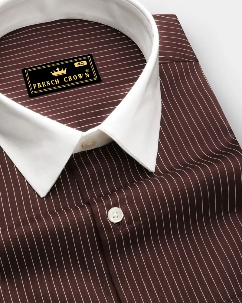 Umber-Bistre Brown And Bright White Pin Striped Subtle Sheen Super Soft Premium Cotton Dress White Cuff Collar Shirt 6