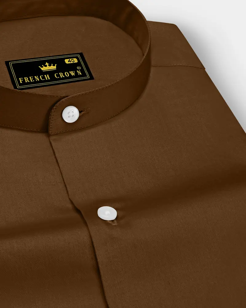 Umber-Otter Brown Subtle Sheen Super Soft Premium Cotton Mandarin Dress Shirt 1