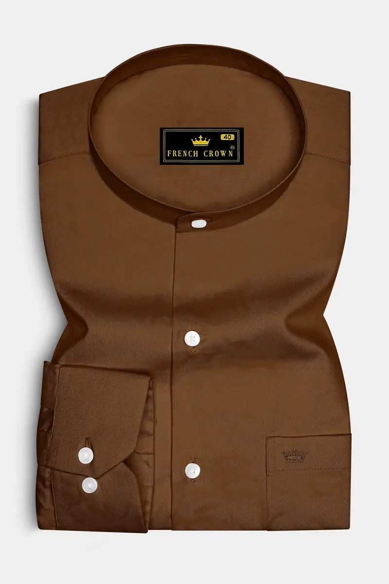 Umber-Otter Brown Subtle Sheen Super Soft Premium Cotton Mandarin Dress Shirt 4
