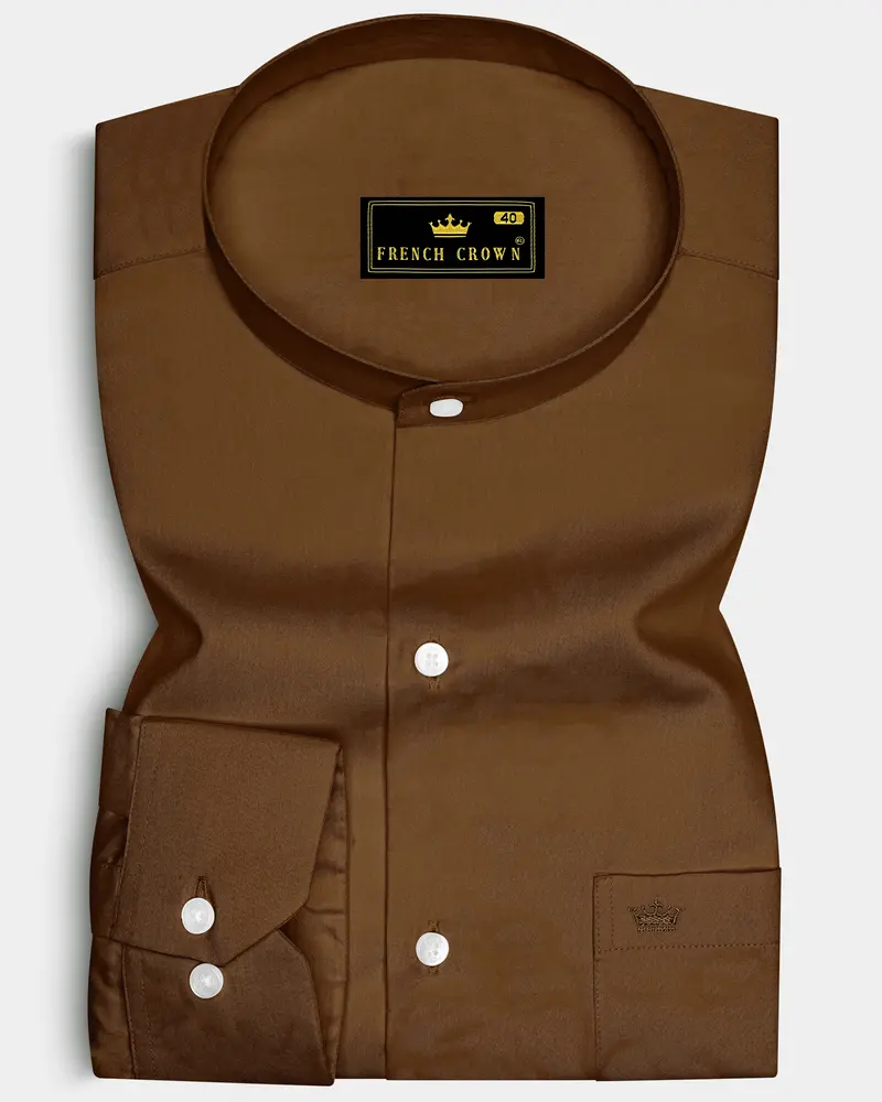 Umber-Otter Brown Subtle Sheen Super Soft Premium Cotton Mandarin Dress Shirt 6