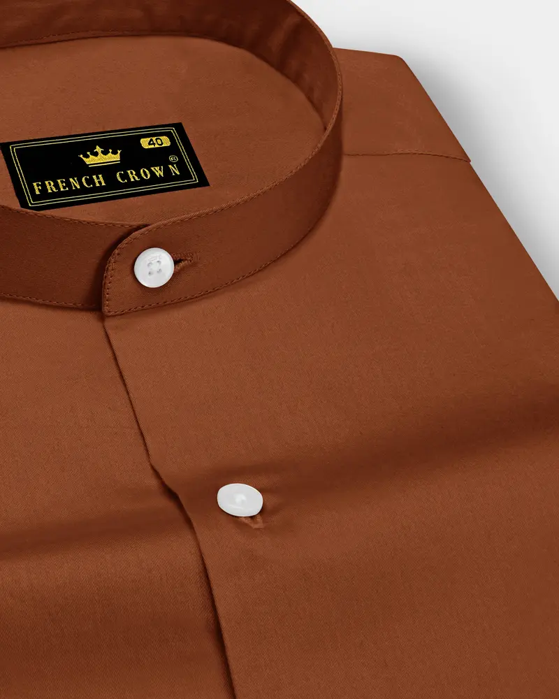 Umbero-Walnut Brown Subtle Sheen Super Soft Premium Cotton Mandarin Dress Shirt 1