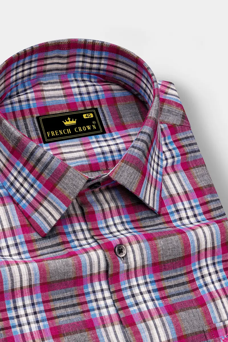 Umbrora-Cloudy Gray And Jazzberry Pink Plaid Super Soft Premium Cotton Semi Formal Shirt 2