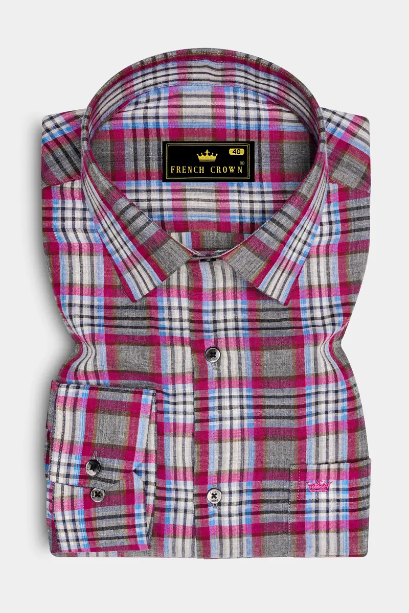 Umbrora-Cloudy Gray And Jazzberry Pink Plaid Super Soft Premium Cotton Semi Formal Shirt 4