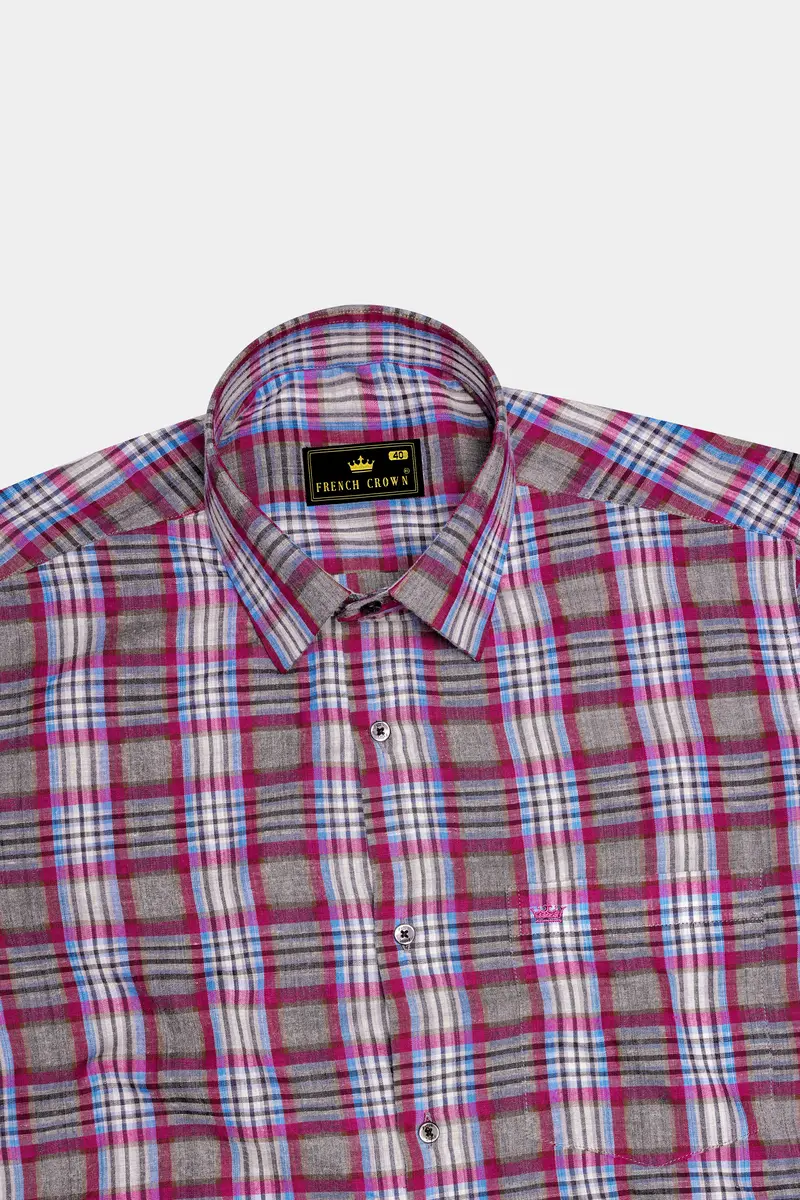 Umbrora-Cloudy Gray And Jazzberry Pink Plaid Super Soft Premium Cotton Semi Formal Shirt 5