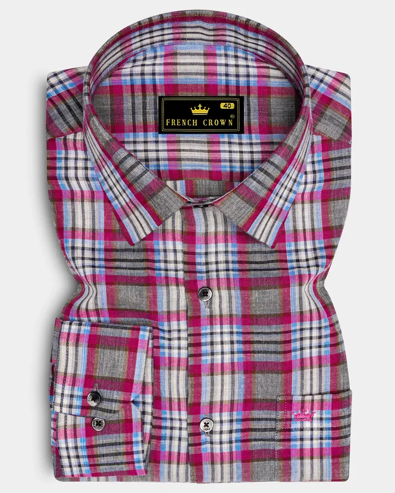 Umbrora-Cloudy Gray And Jazzberry Pink Plaid Super Soft Premium Cotton Semi Formal Shirt 6
