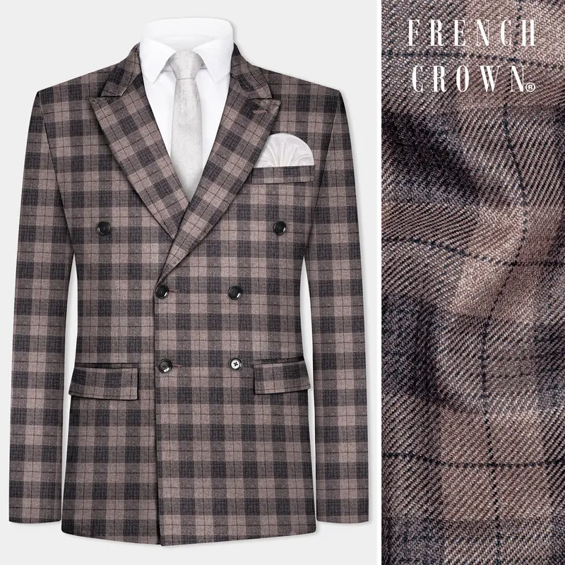 Vampire Brown Checks Plaid Tweed Double Breasted Blazer 1
