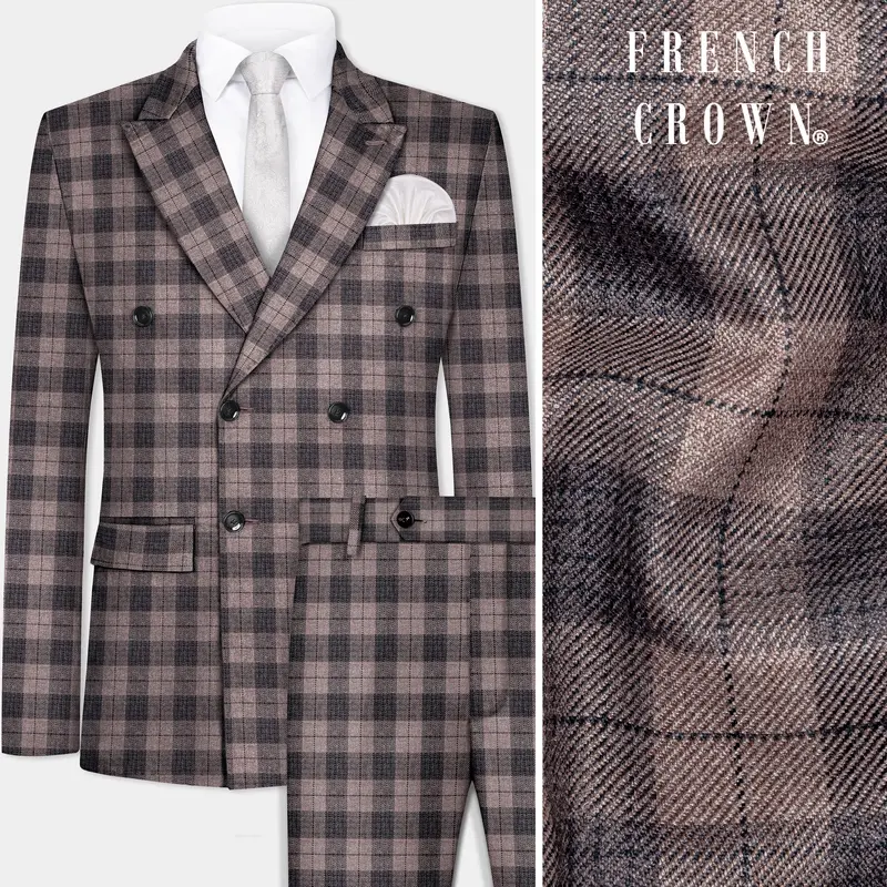 Vampire Brown Checks Plaid Tweed Double Breasted Suit 1