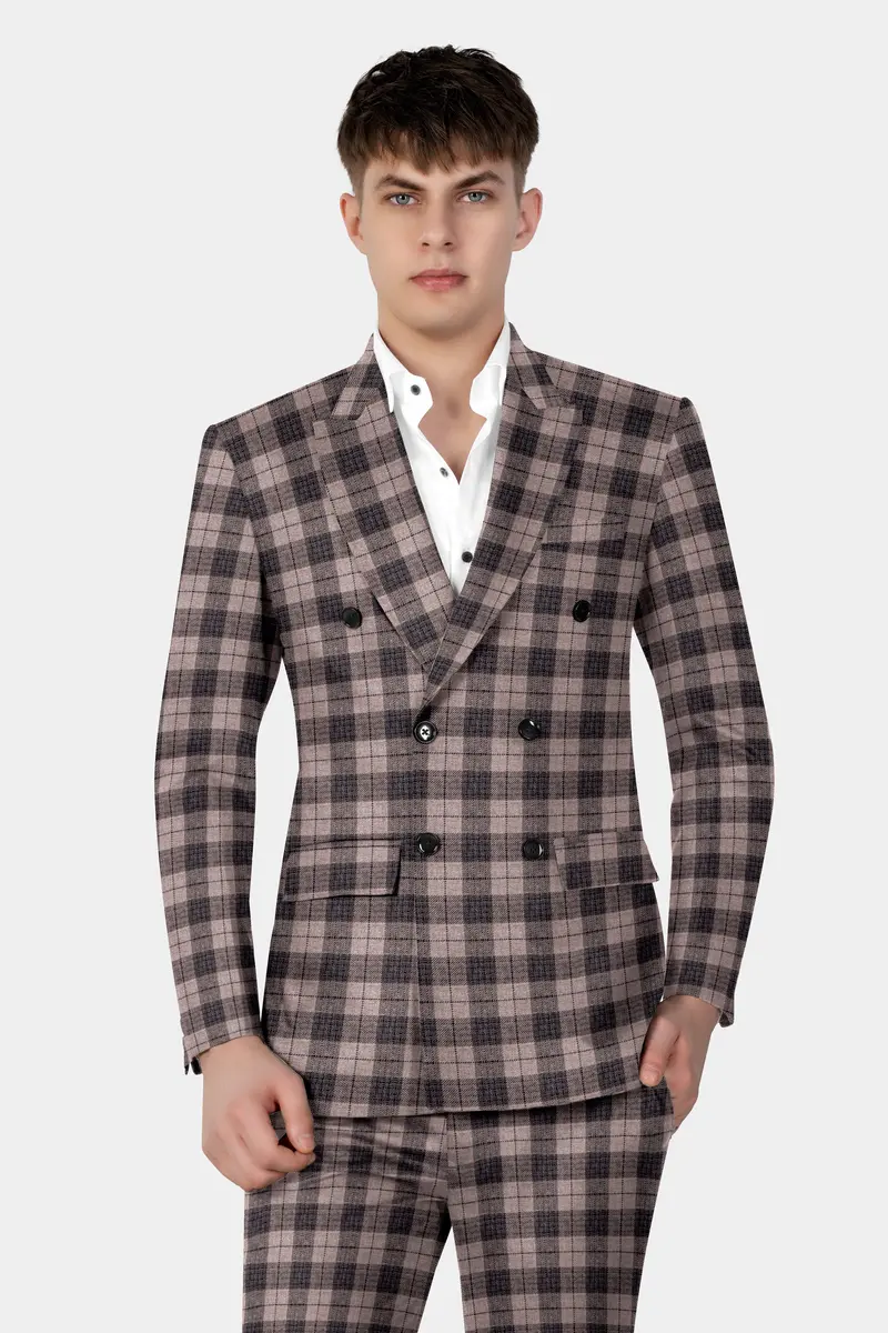 Vampire Brown Checks Plaid Tweed Double Breasted Suit 17