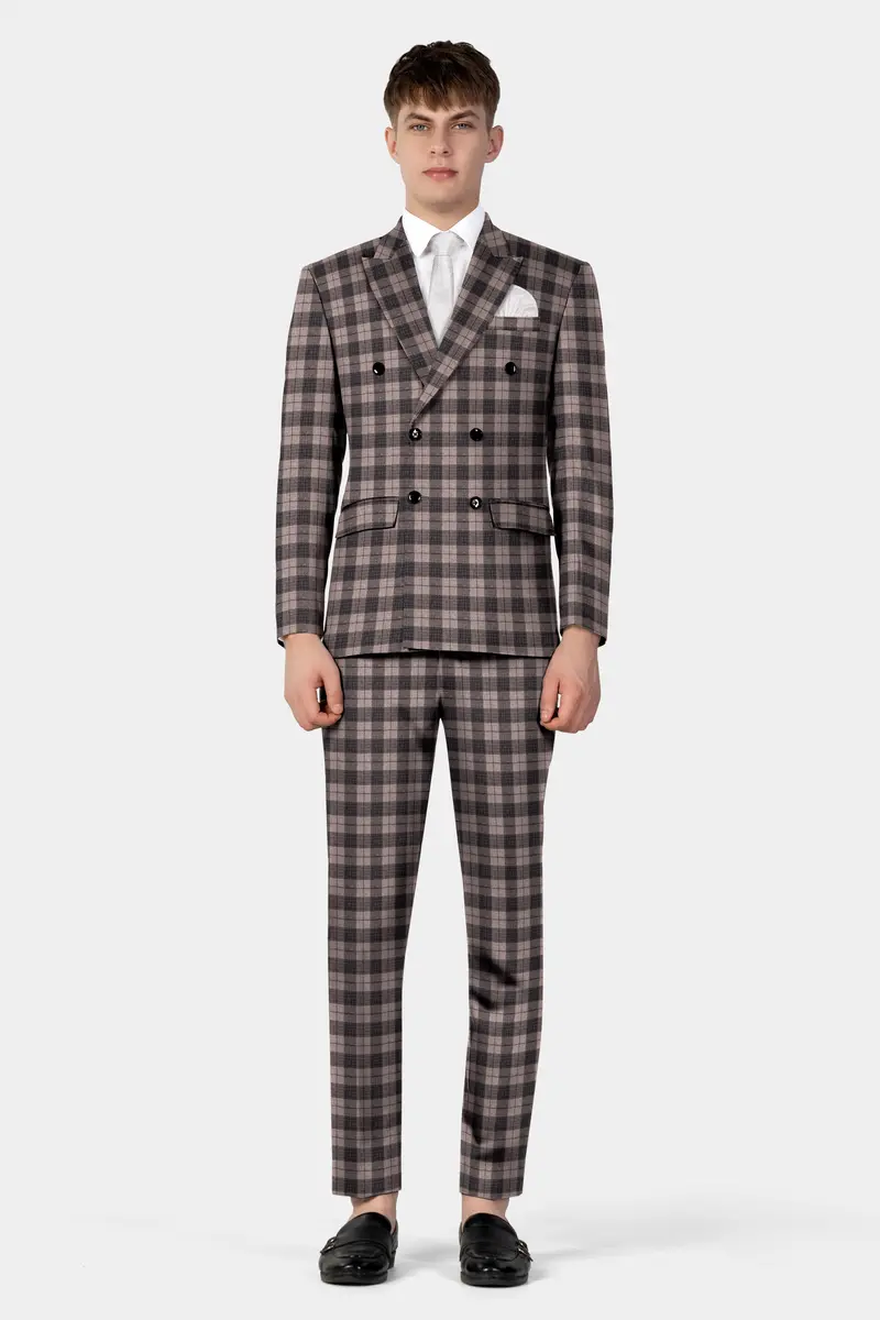 Vampire Brown Checks Plaid Tweed Double Breasted Suit 19