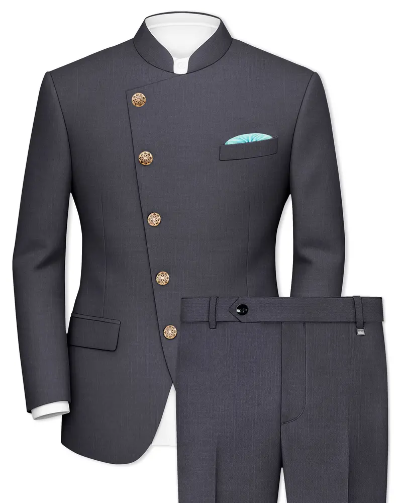 Vampire Gray Cross Placket Bandhgala Suit 1