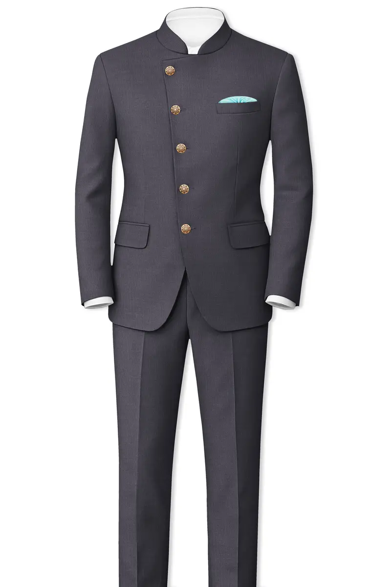 Vampire Gray Cross Placket Bandhgala Suit 4