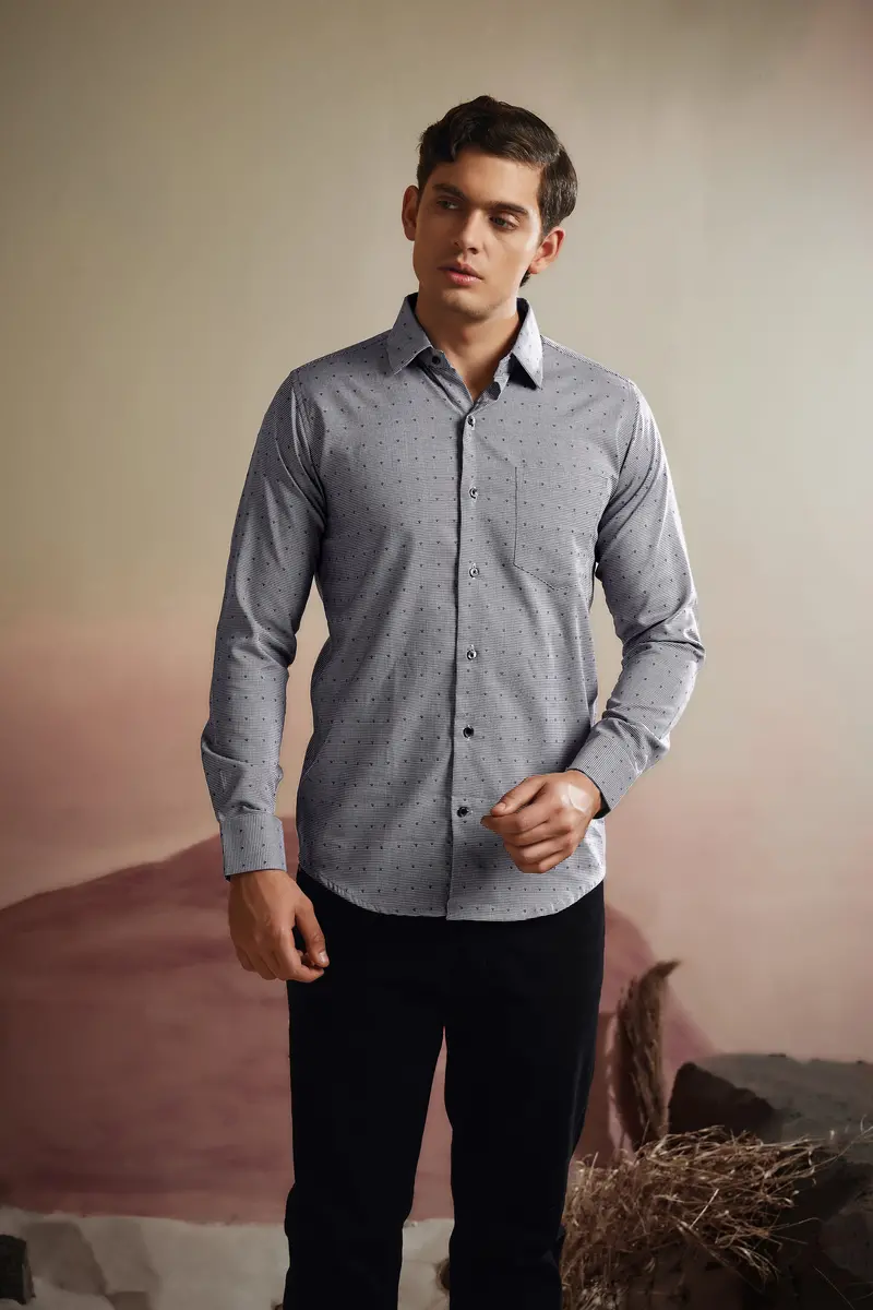 Vampire Gray Houndstooth Dobby Textured Printed Premium Giza Cotton Shirt 11
