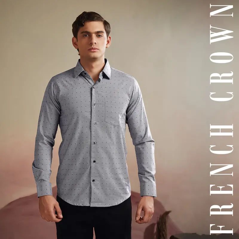 Vampire Gray Houndstooth Dobby Textured Printed Premium Giza Cotton Shirt 12