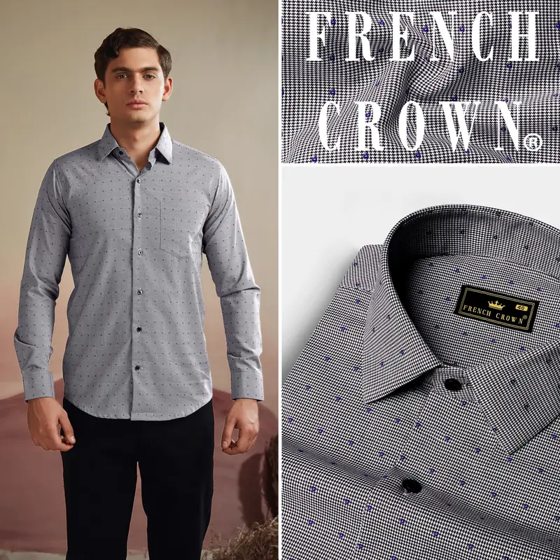Vampire Gray Houndstooth Dobby Textured Printed Premium Giza Cotton Shirt 13