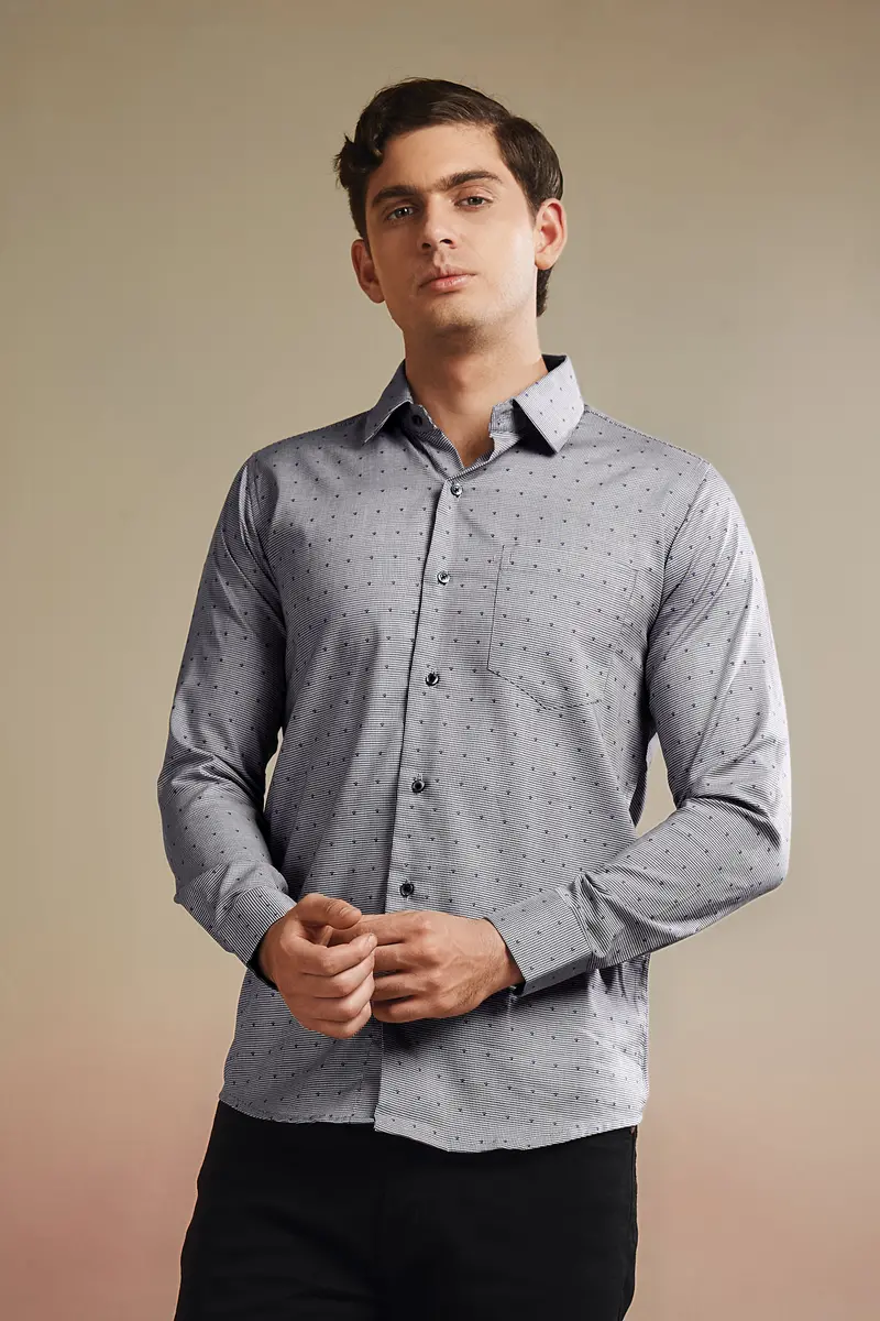 Vampire Gray Houndstooth Dobby Textured Printed Premium Giza Cotton Shirt 7