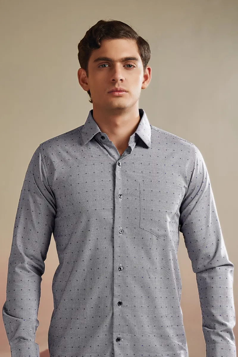 Vampire Gray Houndstooth Dobby Textured Printed Premium Giza Cotton Shirt 8