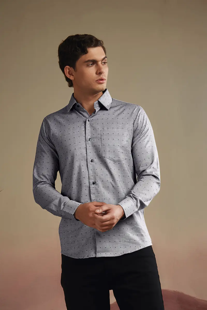 Vampire Gray Houndstooth Dobby Textured Printed Premium Giza Cotton Shirt 9