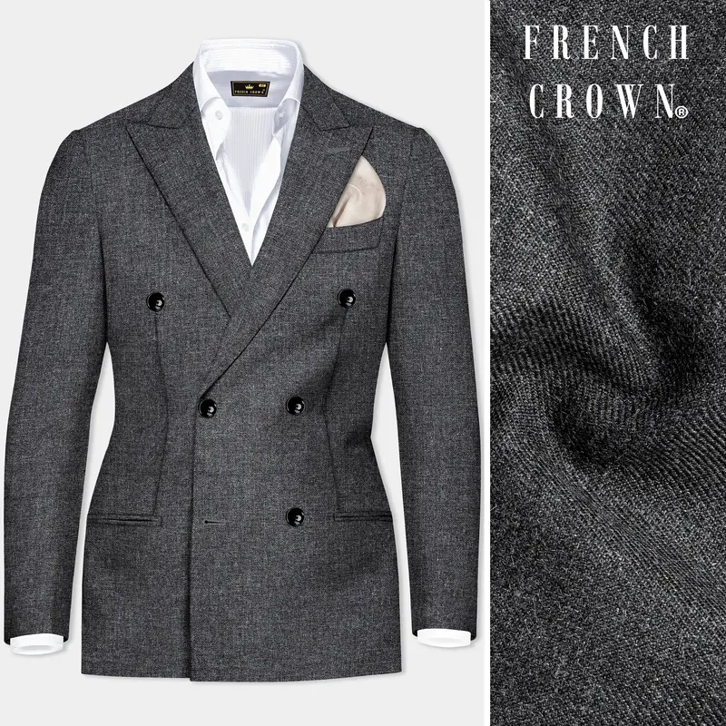 Vampire Gray Wool Blend Flannel Double Breasted Slight Stretch Tweed Blazer 1