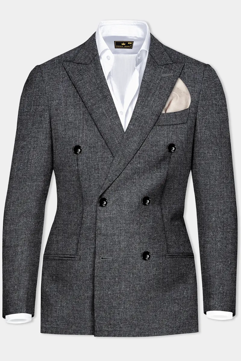 Vampire Gray Wool Blend Flannel Double Breasted Slight Stretch Tweed Blazer 2
