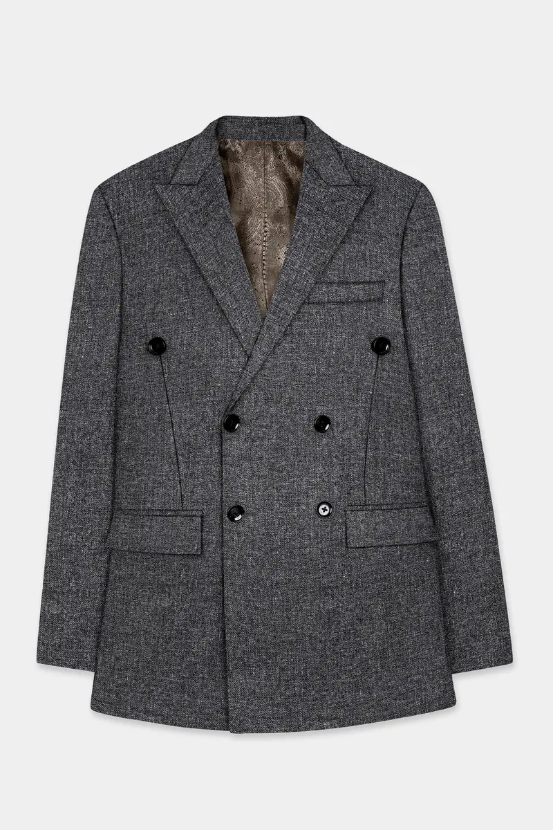 Vampire Gray Wool Blend Flannel Double Breasted Slight Stretch Tweed Blazer 7