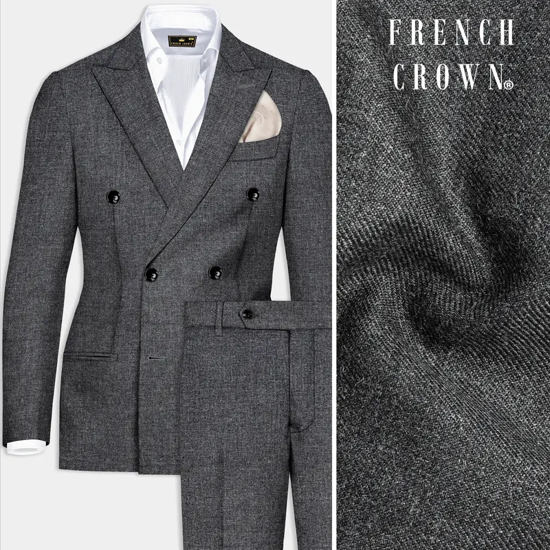 Vampire Gray Wool Blend Flannel Double Breasted Slight Stretch Tweed Suit 1