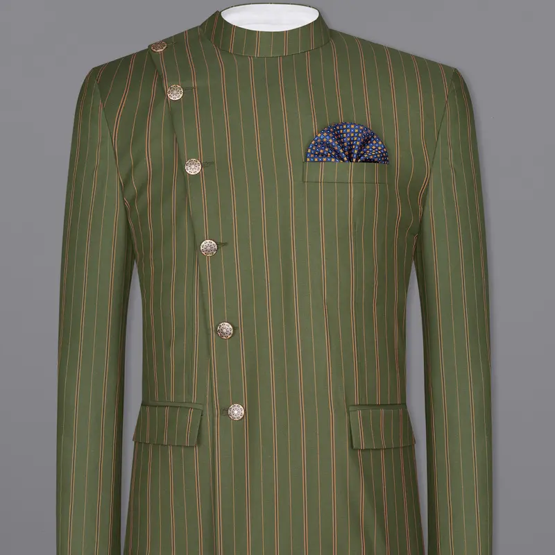 Vampire Green Striped Cross Placket Bandhgala Blazer 1
