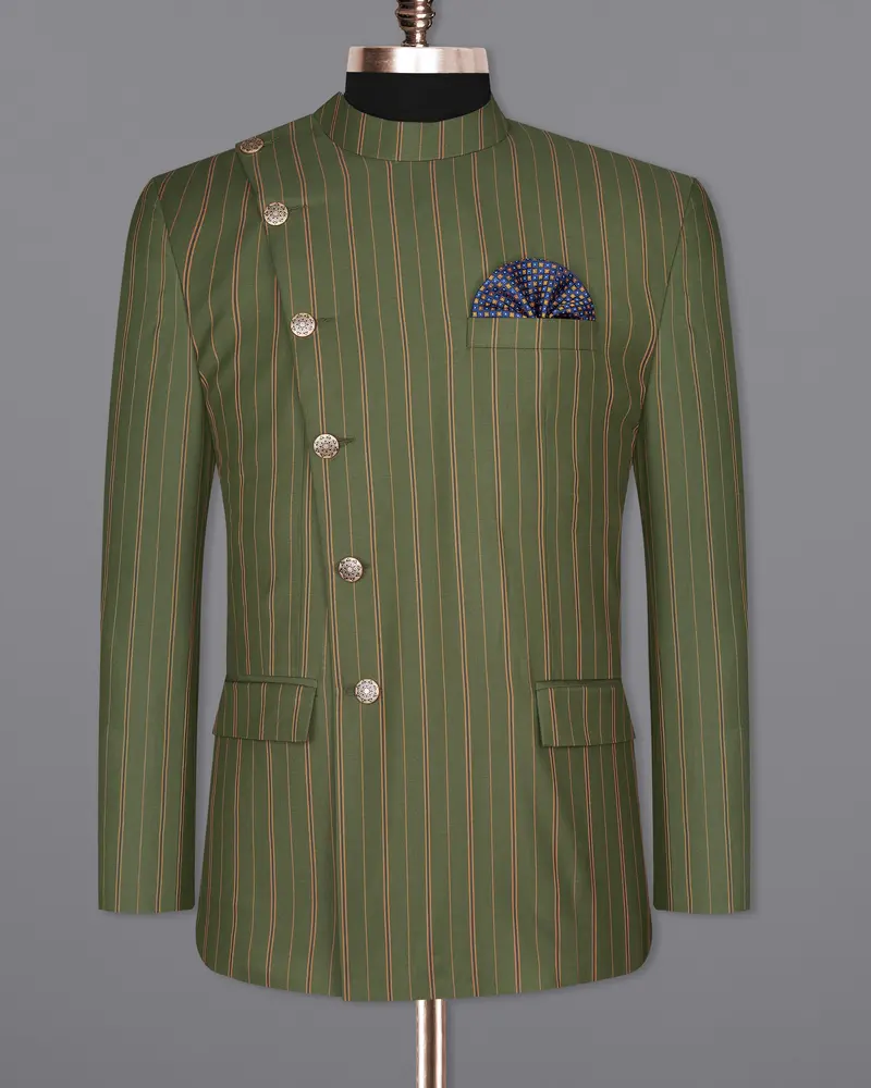 Vampire Green Striped Cross Placket Bandhgala Blazer 8