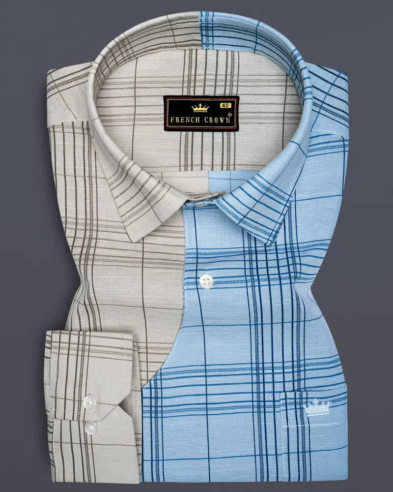 Vanilla Brown And Casper Sky Blue Plaid Luxurious Linen Designer Shirt 1
