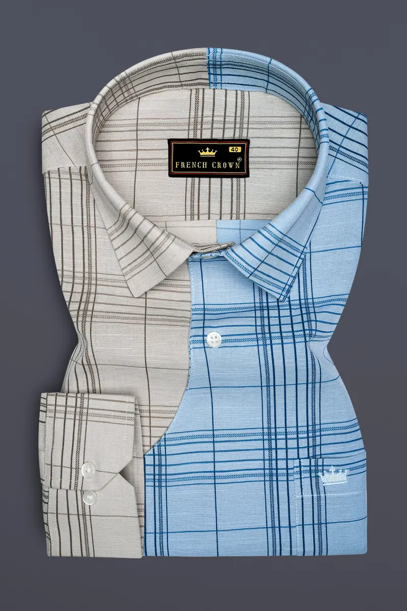 Vanilla Brown And Casper Sky Blue Plaid Luxurious Linen Designer Shirt 2