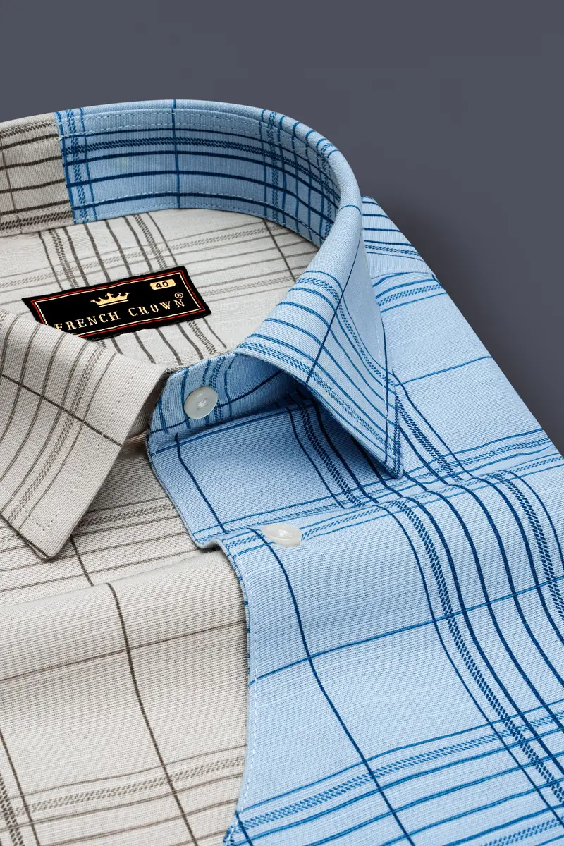 Vanilla Brown And Casper Sky Blue Plaid Luxurious Linen Designer Shirt 4