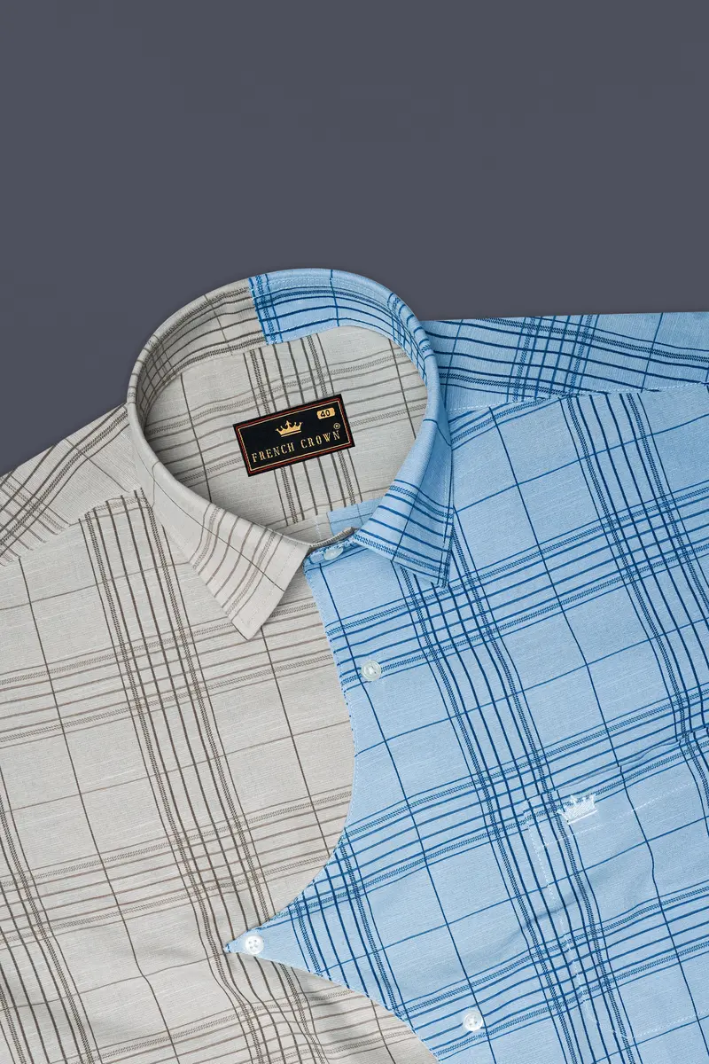 Vanilla Brown And Casper Sky Blue Plaid Luxurious Linen Designer Shirt 5