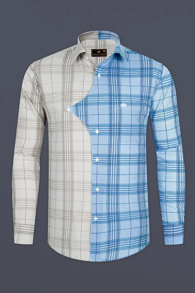 Vanilla Brown And Casper Sky Blue Plaid Luxurious Linen Designer Shirt 6