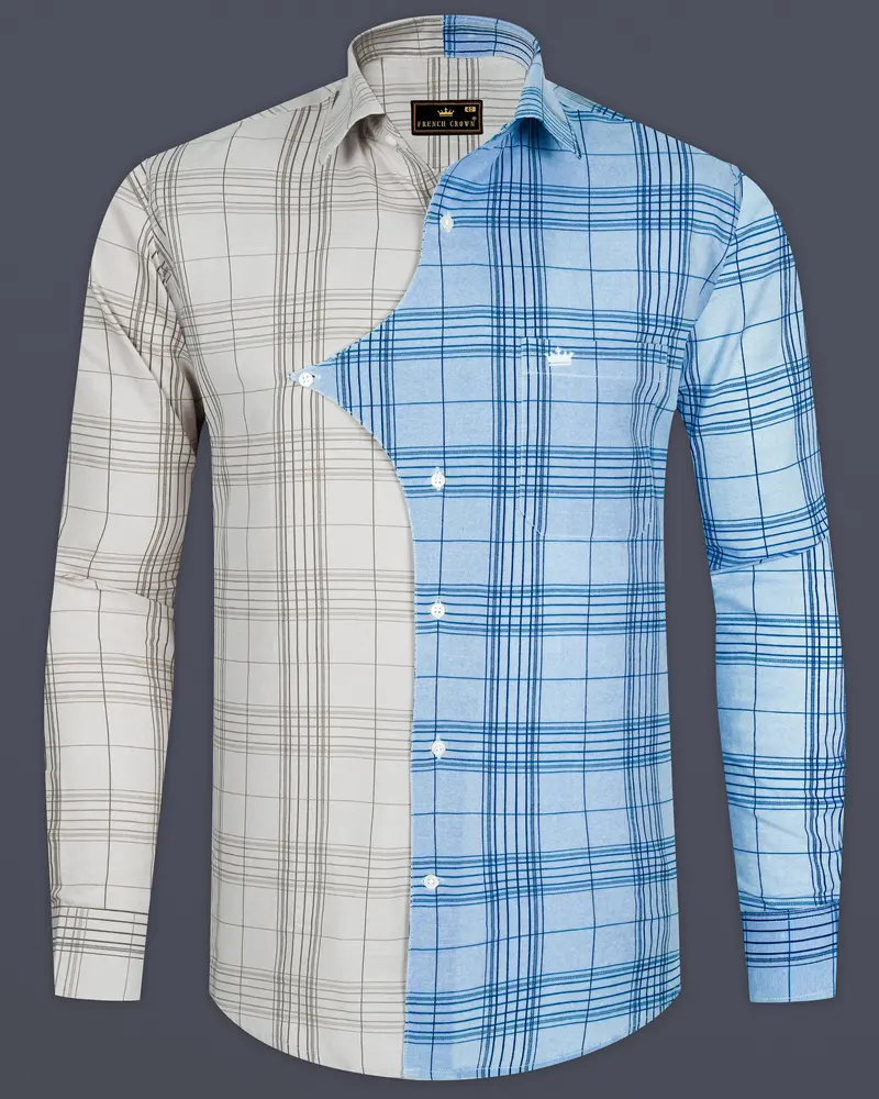 Vanilla Brown And Casper Sky Blue Plaid Luxurious Linen Designer Shirt 8